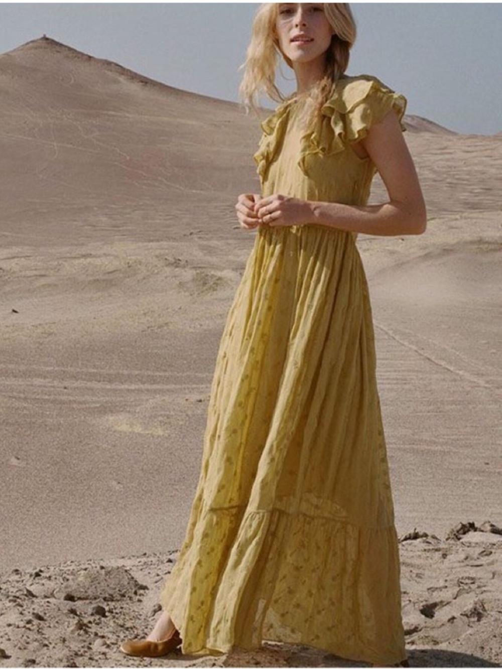 SOLD Doen Chiffon Floral Dress Mustard Yellow Maxi Dress with Puff Sleeves